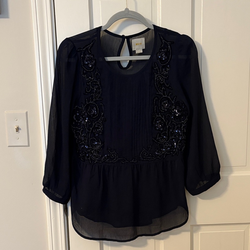 Anthropolgie Maeve Navy Embellished Peplum Top